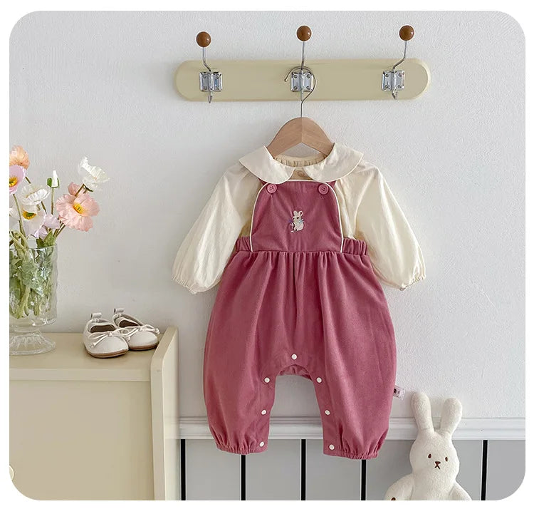 Baby Girl Two Piece Set Newborn Autumn Korean Children Clothing Baby Girls Solid Color Shirt Suspender Pants Cute Clothing