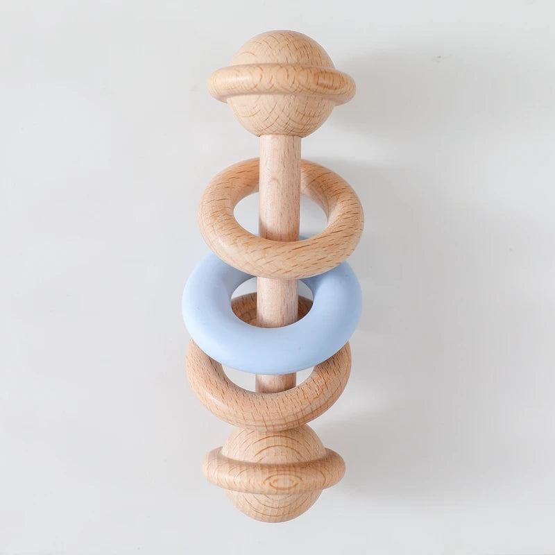 BPA-free Baby Toys Wooden Rattles Silicone Ring Rattles and Mobiles Babies 0–12 Months Sensory Toys Wooden Teether Baby Gifts
