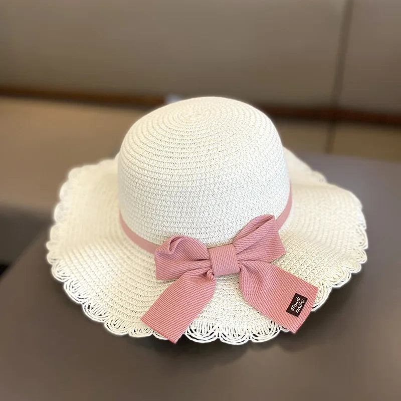 Summer Girls Beach Sun Hats Lotus Leaf Brim Cute Squinting Eyes Bowknot Outdoor Sun Protection Children Straw Cap Kids