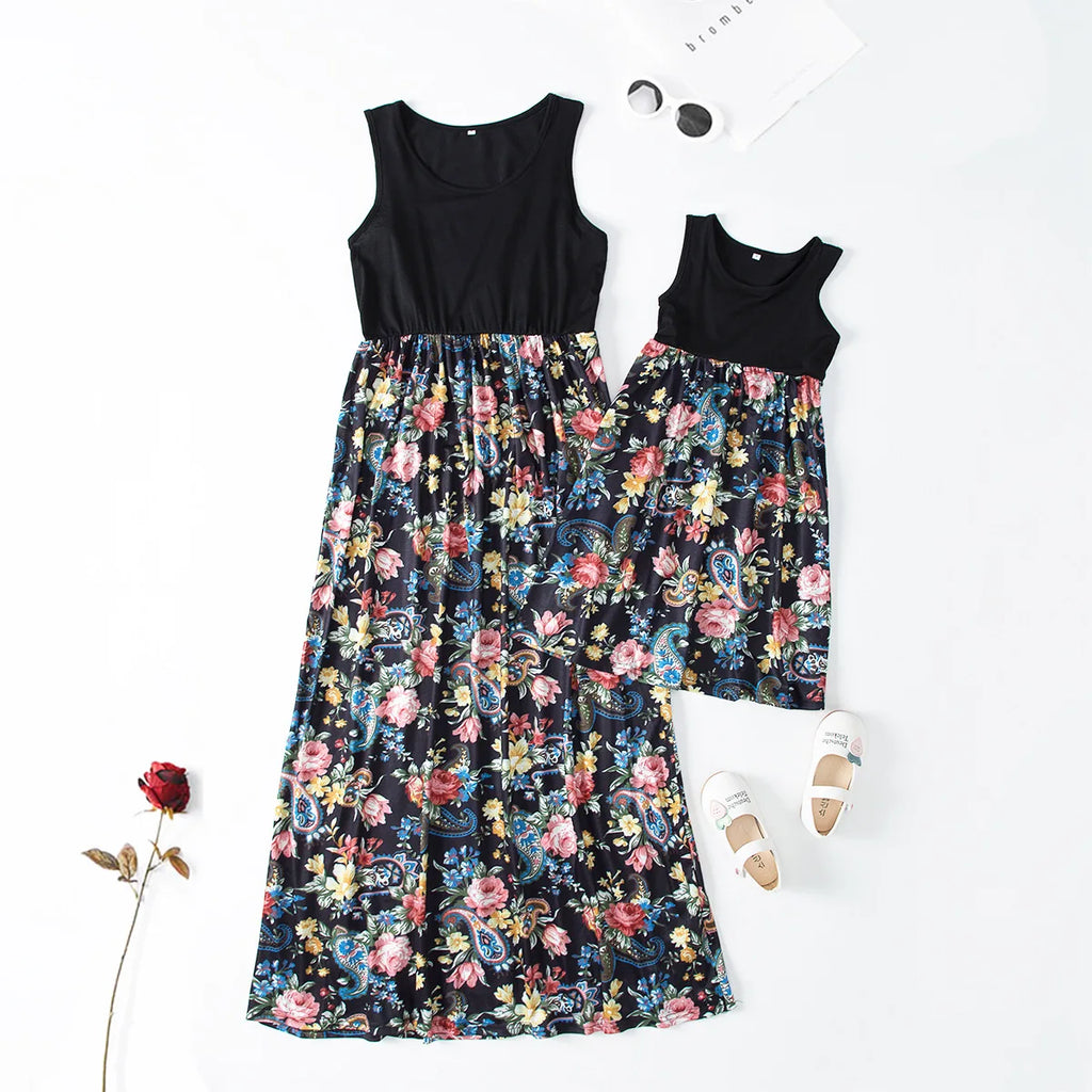 New Mother Daughter Summer Dresses Sleeveless Flower Patchwork Sundress Mom Mommy and Me Maxi Dress Family Matching Outfits