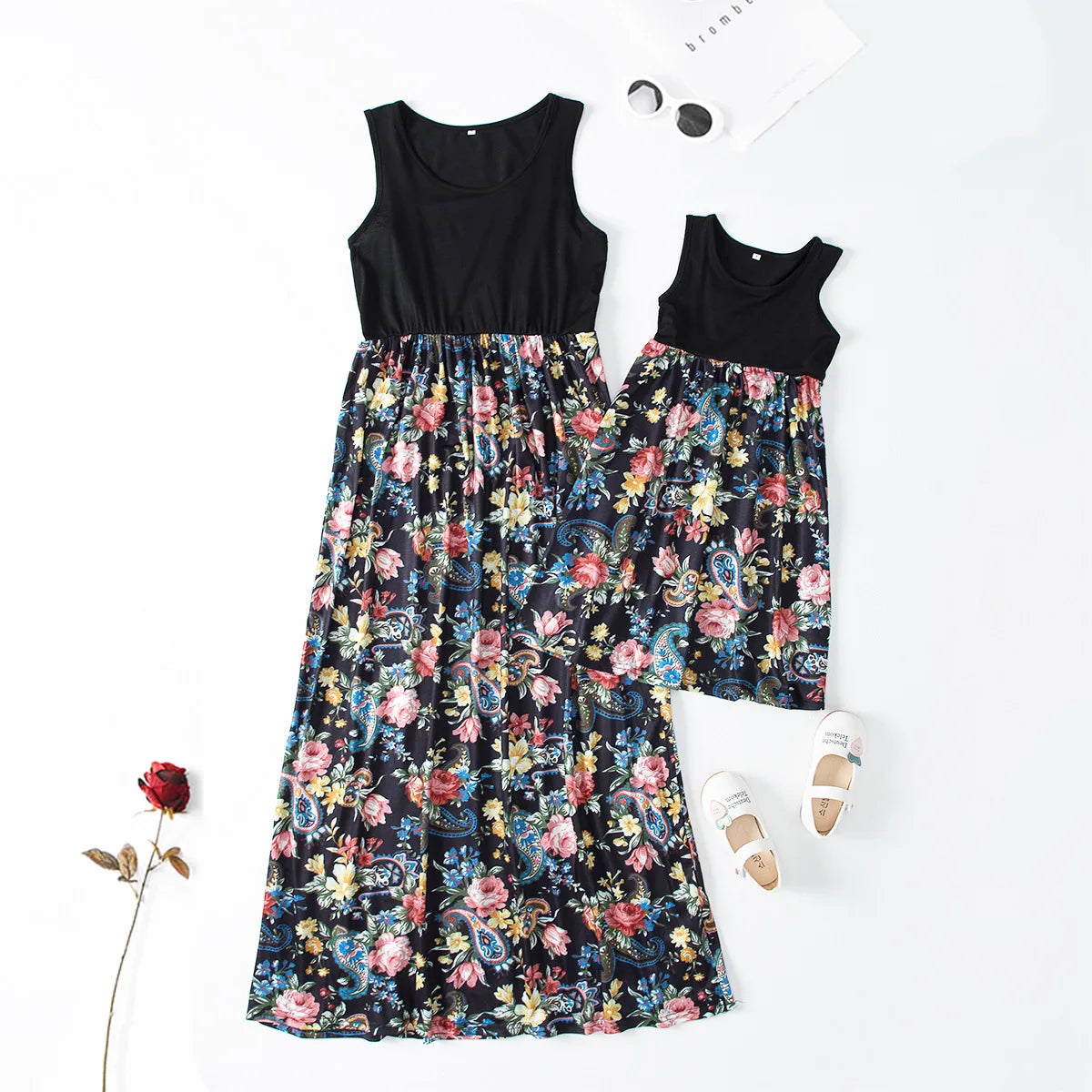 New Mother Daughter Summer Dresses Sleeveless Flower Patchwork Sundress Mom Mommy and Me Maxi Dress Family Matching Outfits