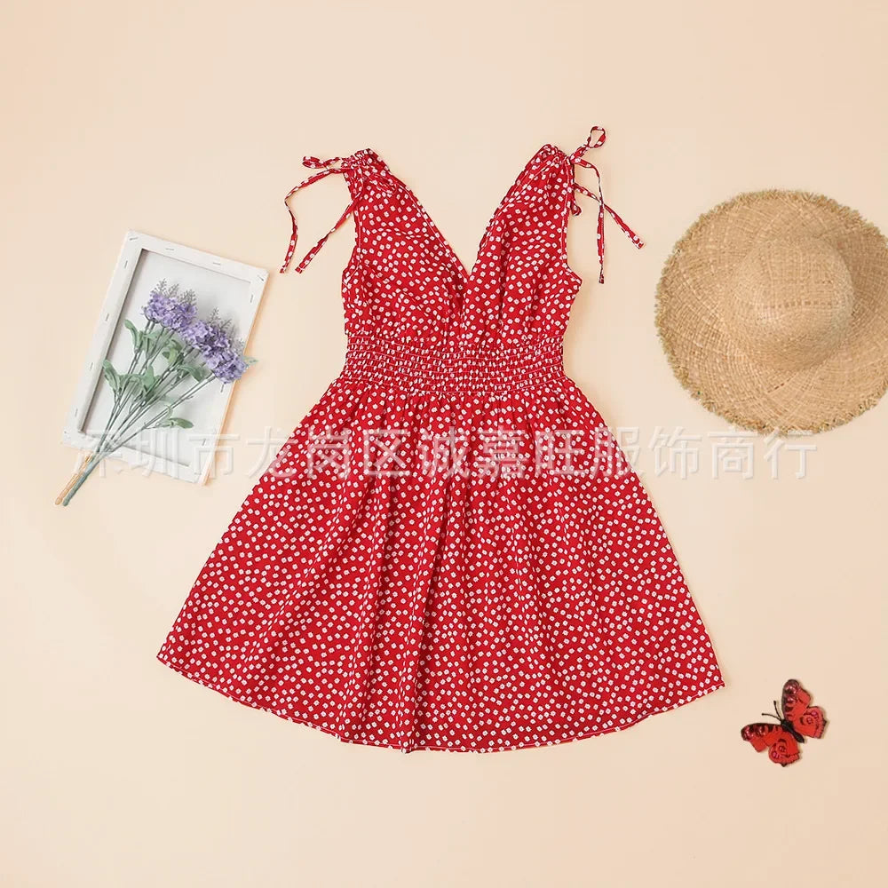 V-Neck Mother Daughter Dresses Family Set Flower Mommy and Me Matching Clothes Fashion Woman Girls Sleeveless Dress Outfits 2025
