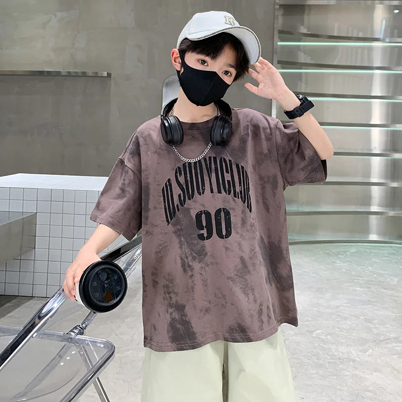 Jungen Sommerkleidung Oberteil und Hose Set für Teenager Kinder Freizeit Baumwoll-Outfit Anzug Braun Farbe Kinder Baumwollkleidungsset