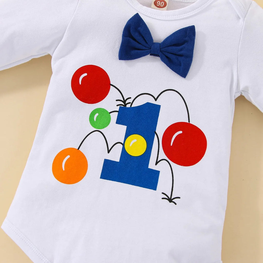 Baby Boys Birthday Outfits Sets Balloon Letter"1" Bodysuit and Y-back Suspender Shorts 1 Year Birthday Baby Cake Smash Clothes