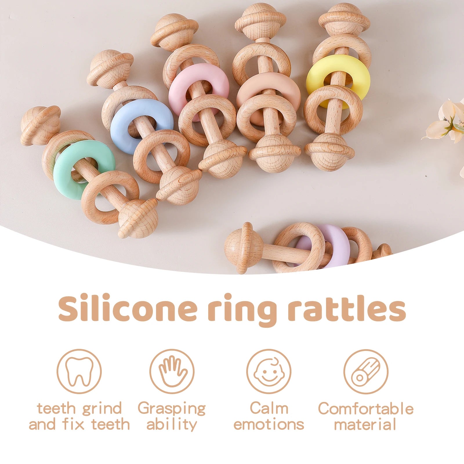 BPA-free Baby Toys Wooden Rattles Silicone Ring Rattles and Mobiles Babies 0–12 Months Sensory Toys Wooden Teether Baby Gifts