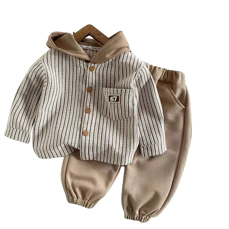 Conjuntos de ropa para bebés y niños pequeños de primavera y otoño, trajes casuales de abrigo con capucha a rayas y pantalones para bebés y niños pequeños
