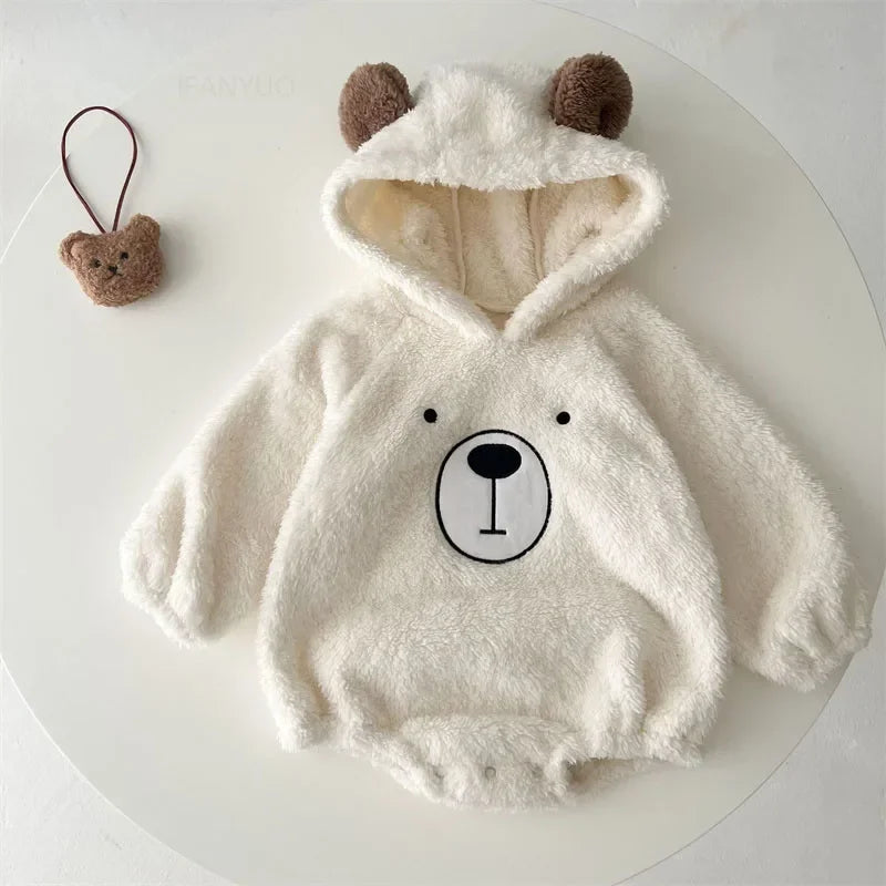 Baby Clothing Autumn Winter Cute Hooded Cartoon Bear Baby Crawling Clothes Pajamas Warm Double-sided Plush Jumpsuit Trousers Set