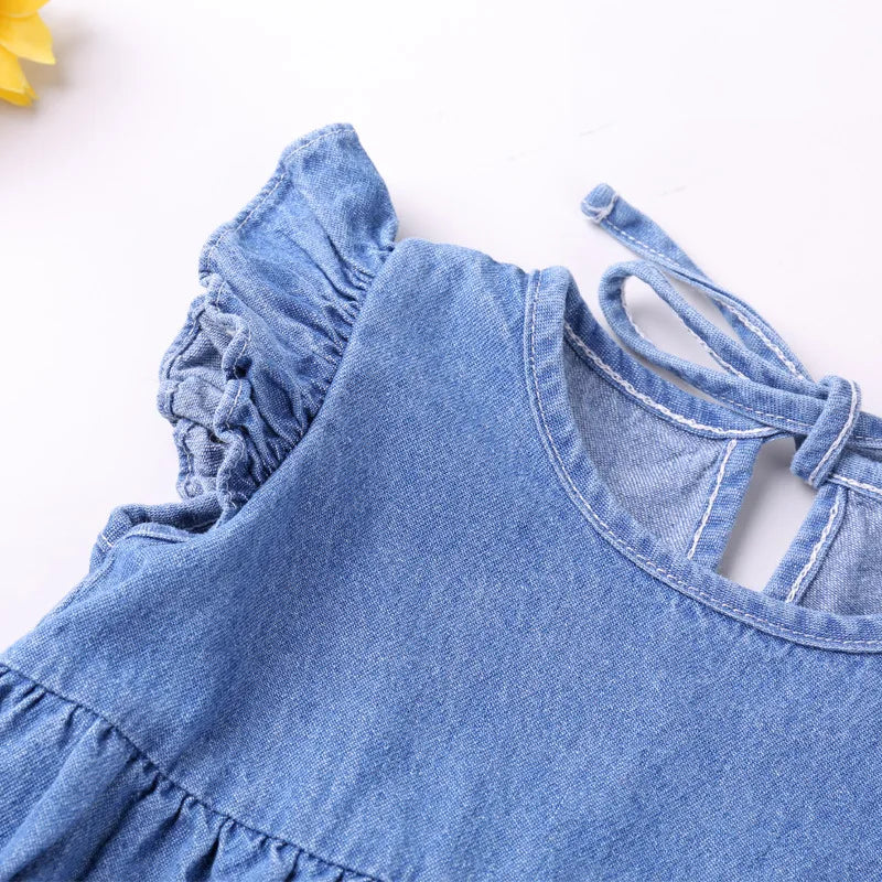 Baby-Mädchen Strampler Kleinkind Rüschen Strampler Baumwolle Denim Fliege Ärmellos Sommer Bodysuit Sonnenanzug Outfits Neugeborenen Overall