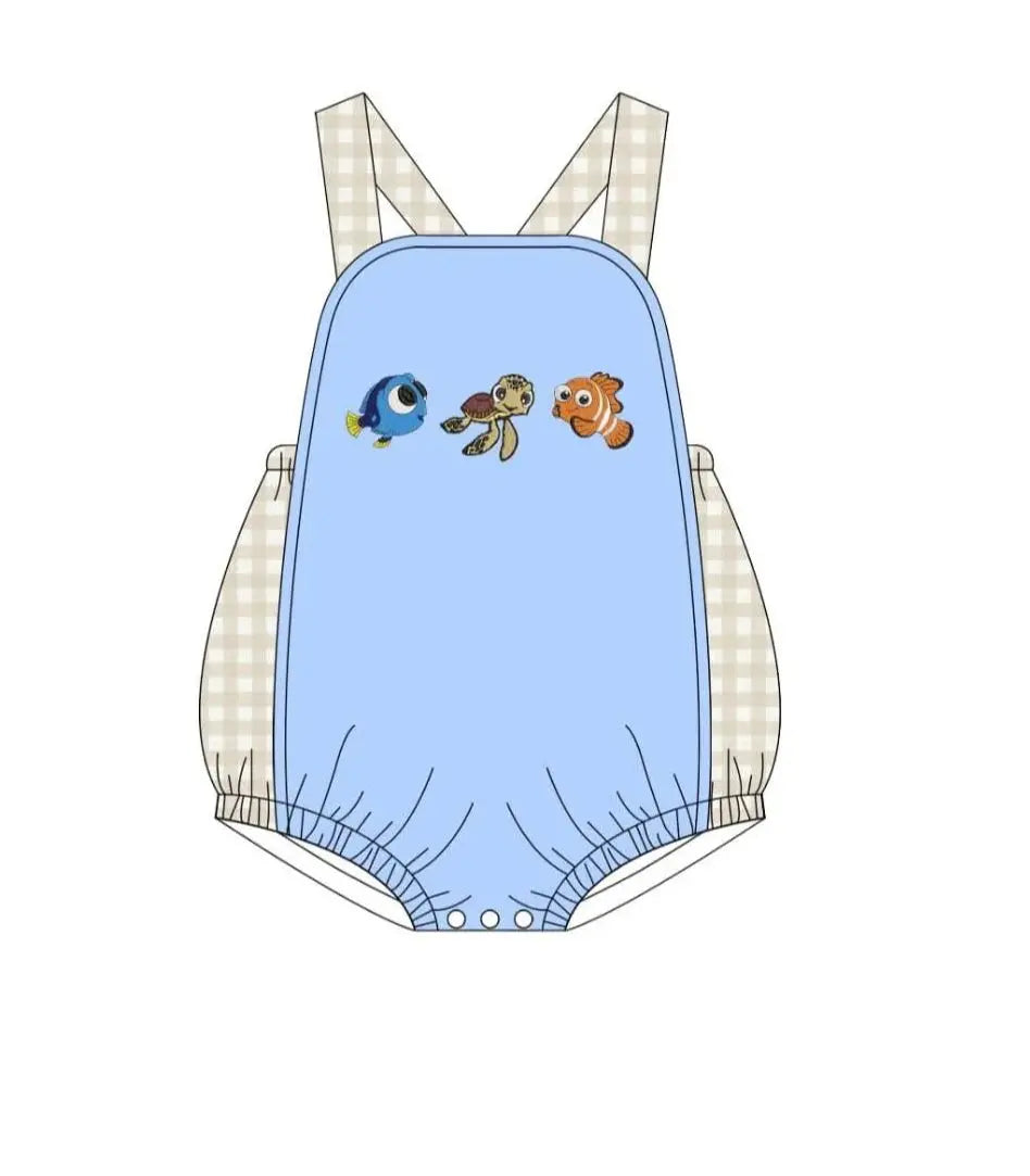 Cartoon Boutique Clothe Baby Romper Green Plaid Fishes BoysGirls Sets Print Toddler Girls Clothing Children Summer Sets