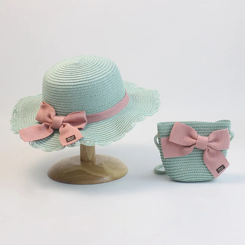 Summer Girls Beach Sun Hats Lotus Leaf Brim Cute Squinting Eyes Bowknot Outdoor Sun Protection Children Straw Cap Kids