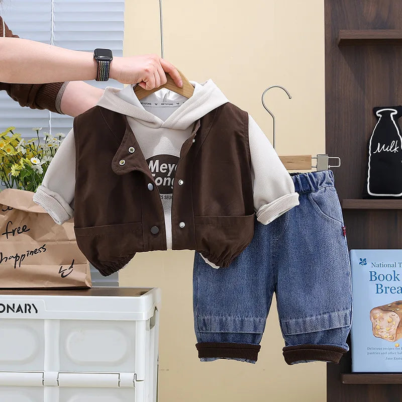 Boys 3 Piece Clothing Set Vest Hoodie Pants Autumn Spring New Style Children's Wear Three Piece Outfit for Kids