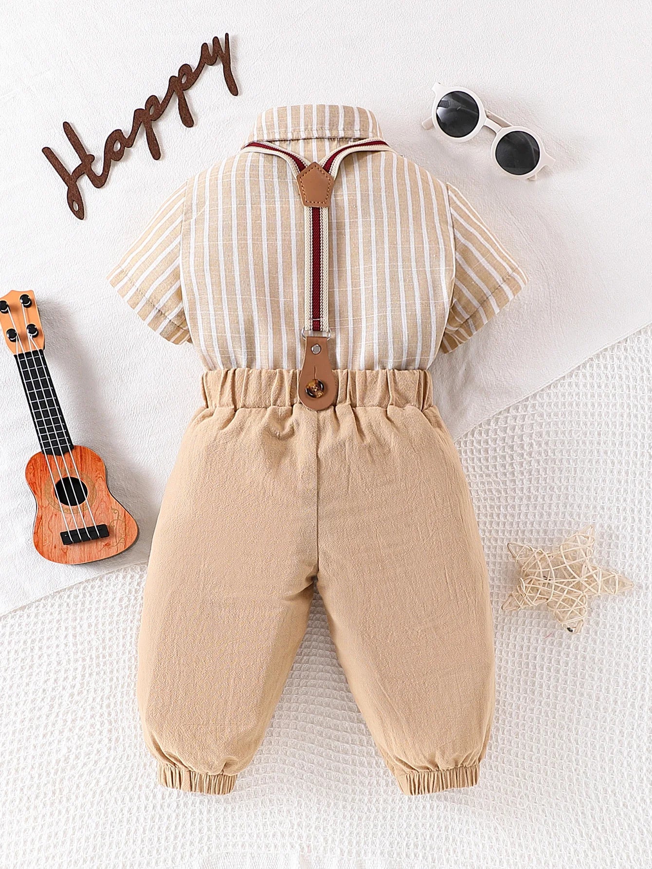 2-piece set of male baby gentleman's clothing, short sleeved shirt, bow tie, tie and suspender, long pants, spring and summer