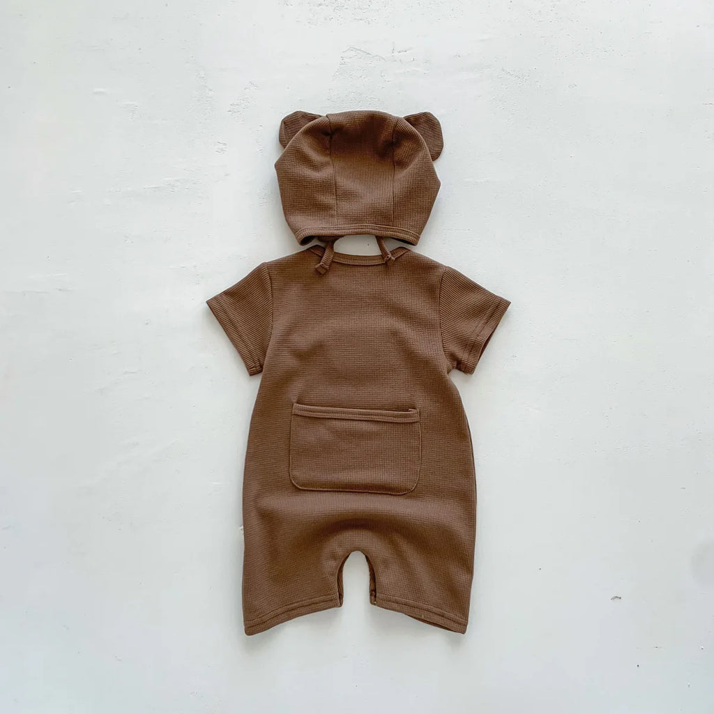 Novedad de verano para niños bebés, niñas y niños, manga corta, gofre, parche de oso, mameluco de algodón para recién nacidos, regalo, gorro con orejas