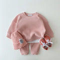 Ropa de bebé niña Conjuntos de ropa de algodón para otoño Tejido Mock 2 piezas Algodón Waffle Niños Conjuntos de ropa de niño Chándal Tops+Pantalones Coreano