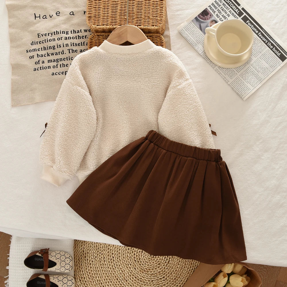 Khaki Mode Herbst Winter Neu 3-7 Jahre alte Mädchen Rundhals Langarm Schleifen-Oberteil + plissierter Rock Zweiteiler koreanische Version
