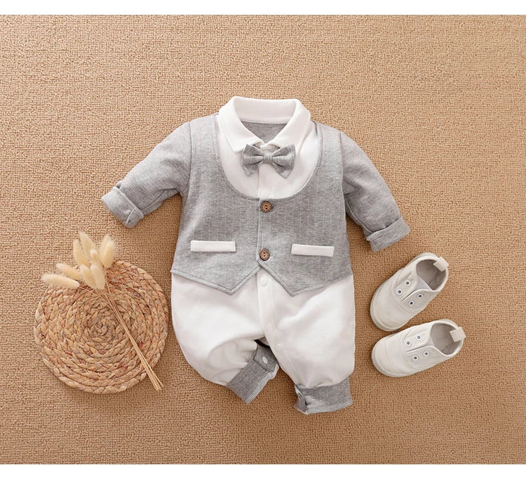 Ropa de bebé recién nacido primavera y otoño 0-18m, estilo caballero, vestido formal elegante, fiesta, algodón, cómodo, mono de bebé de manga larga