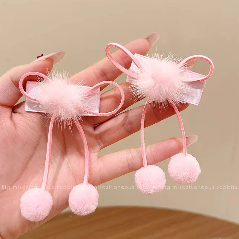 2pairs Cute Hairball Bow Hairpins For Girls Children Sweet Hair Ornament Hair Clips Barrettes Hairgrip Lovely Hair Accessories