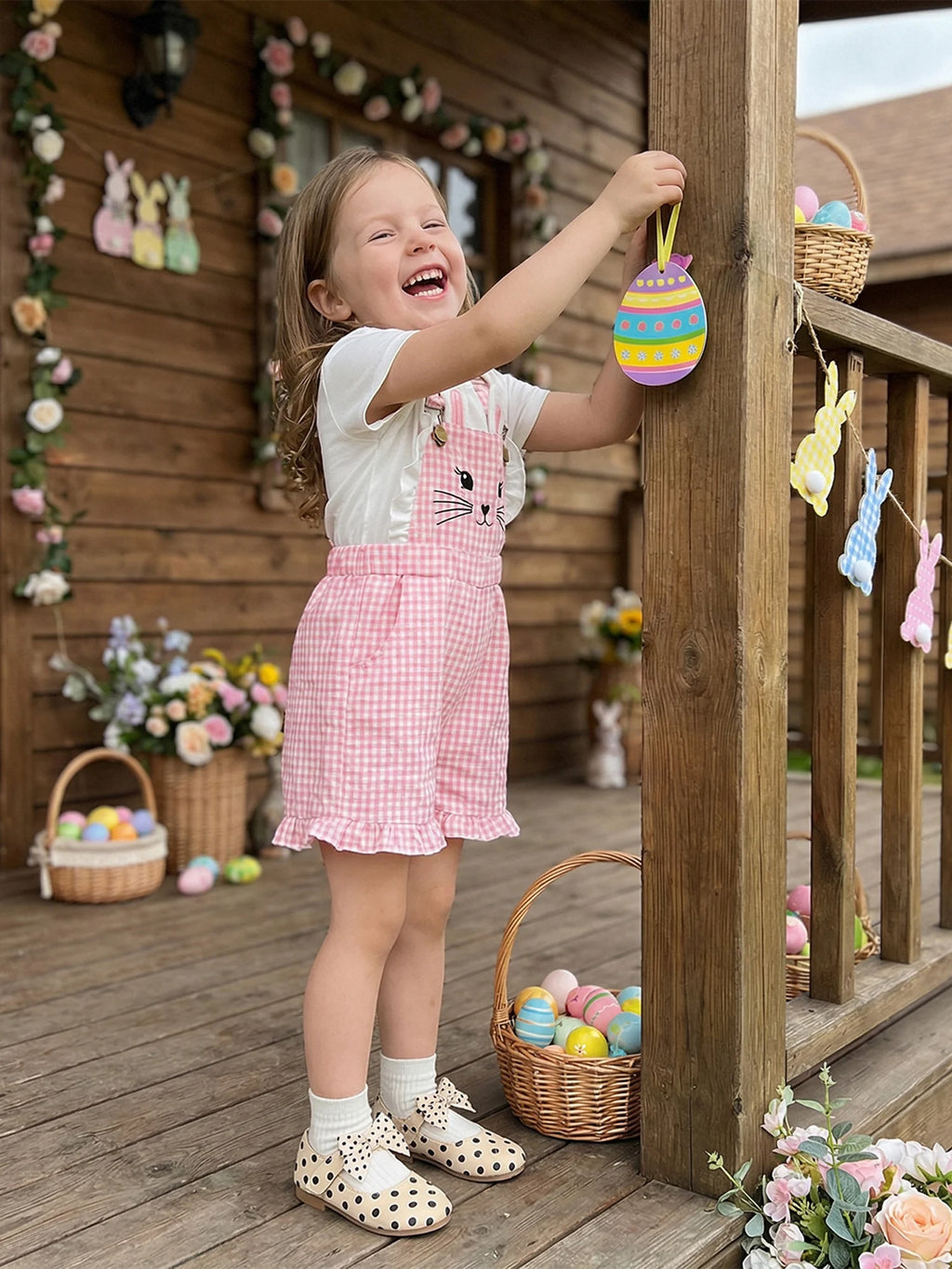 Kinder Mädchen Hasen Overall mit Taschen Niedlicher Hase Rüschenbesatz Ärmelloser Jumpsuit Shorts für Ostern