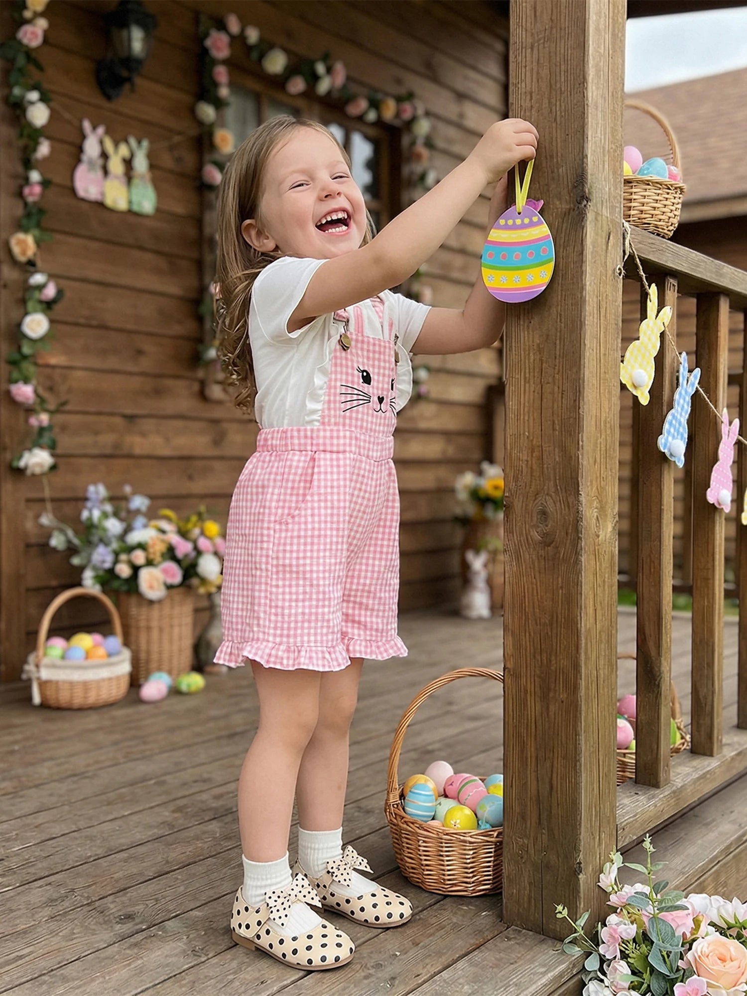 Kinder Mädchen Hasen Overall mit Taschen Niedlicher Hase Rüschenbesatz Ärmelloser Jumpsuit Shorts für Ostern