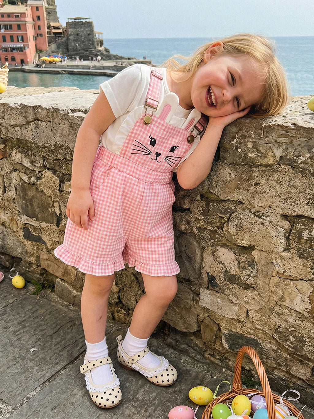 Kinder Mädchen Hasen Overall mit Taschen Niedlicher Hase Rüschenbesatz Ärmelloser Jumpsuit Shorts für Ostern