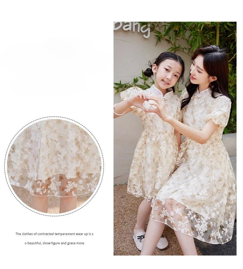 Mother Daughter Matching Dresses Vintage CheongsamGirl Daily Wear Retro Floral Dress Princess Gown Summer Outfit Mommy and