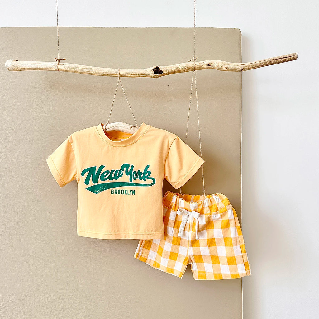 Neugeborene Babykleidung Set für Jungen und Mädchen, lässig, 2-teilig, mit Buchstaben bedrucktes Kurzarm-T-Shirt + karierte Shorts, Baby-Outfit 0-3 Jahre