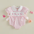 Mädchen Baby Oster-Outfit Strampler mit Hasen-Stickerei, Bubikragen und kurzen Puffärmeln, niedliche Osterkleidung
