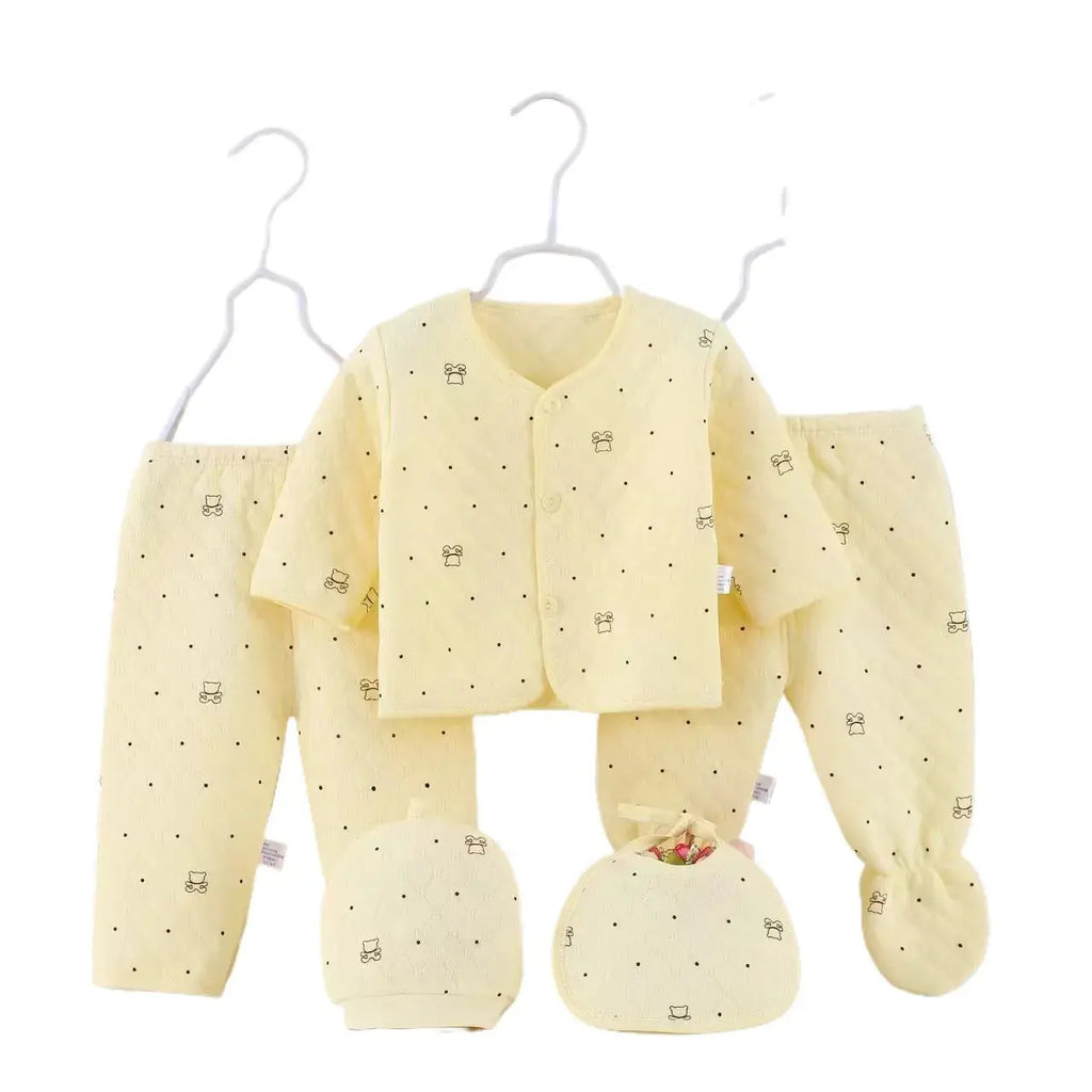 Baby Stepp-Bekleidungsset aus Baumwolle Warme Kleidung für Säuglinge Neugeborenen-Schlafanzug mit Mütze & Lätzchen 5-teiliger Anzug