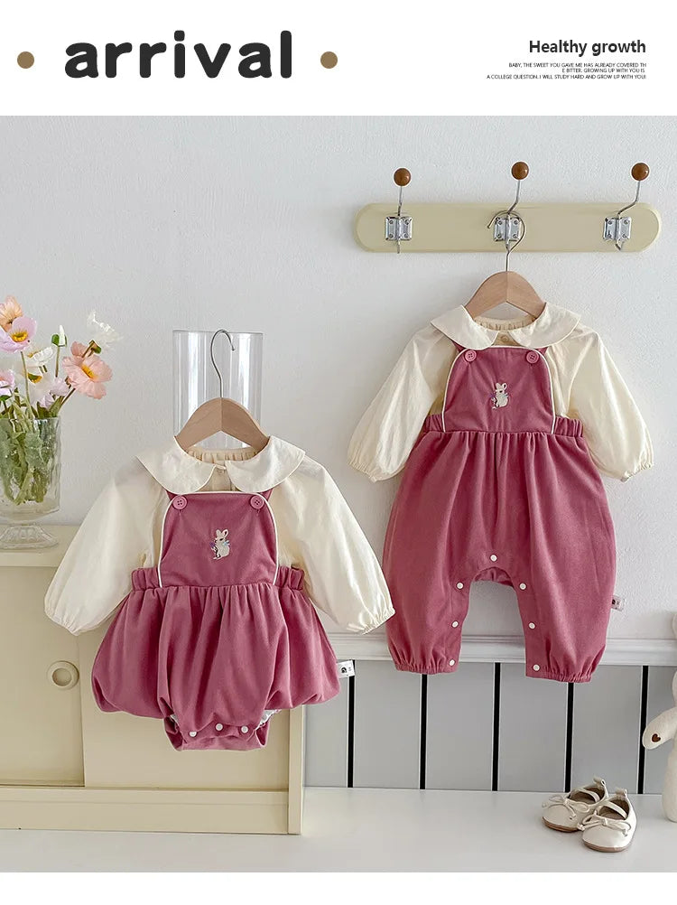 Baby Girl Two Piece Set Newborn Autumn Korean Children Clothing Baby Girls Solid Color Shirt Suspender Pants Cute Clothing