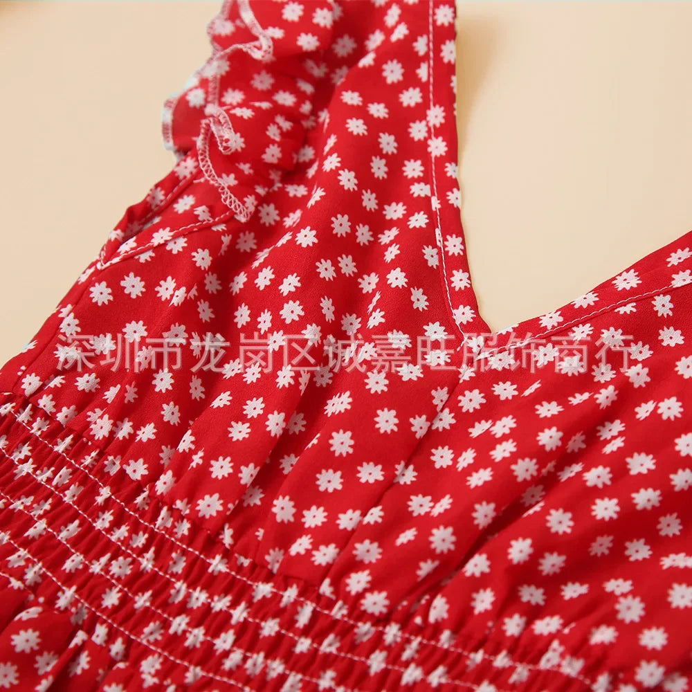 V-Neck Mother Daughter Dresses Family Set Flower Mommy and Me Matching Clothes Fashion Woman Girls Sleeveless Dress Outfits 2025