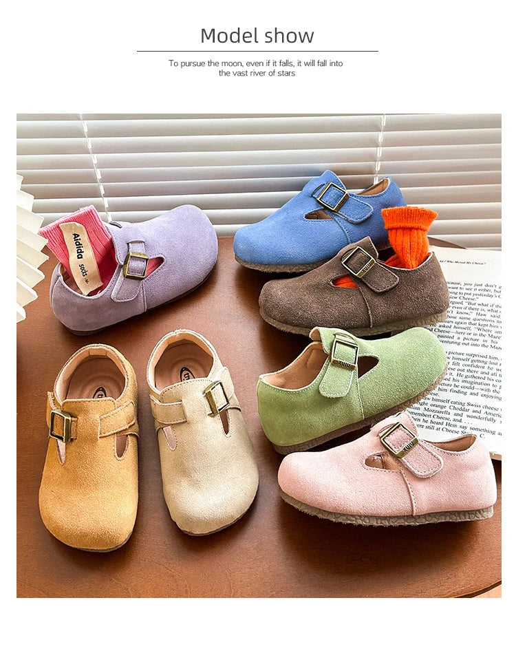 Baby Single Leather Shoes Boys Girls Candy Color Spring Flats Children Metal Buckle Design Genuine Leather Flats For School