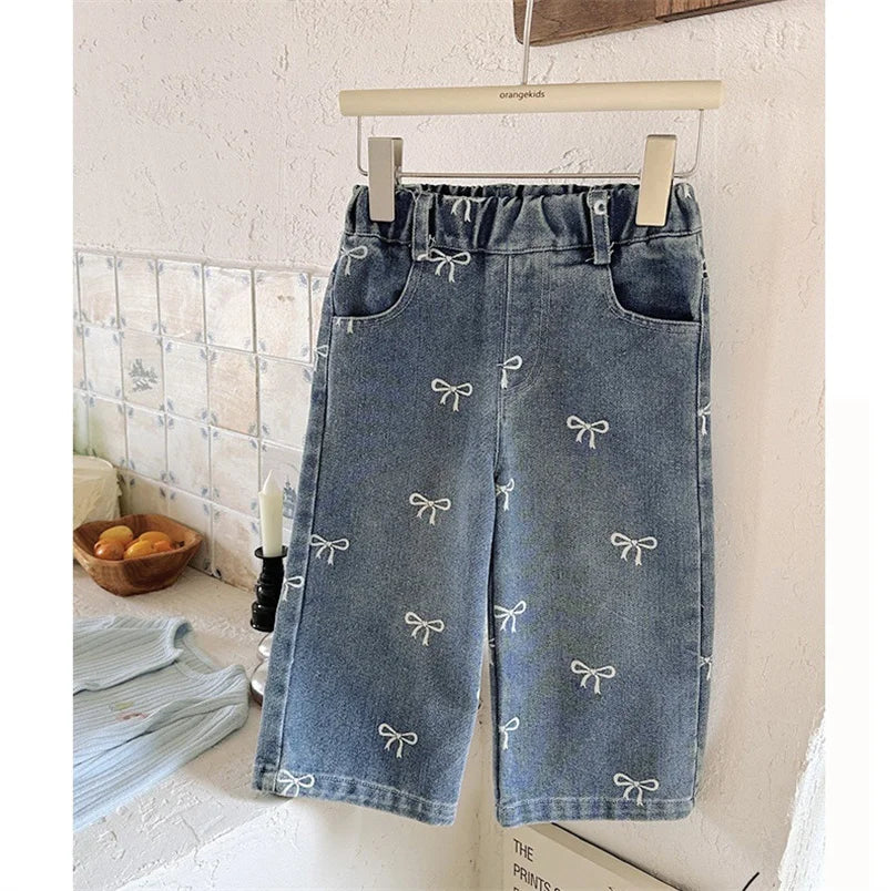 Girls Spring Autumn Jeans New Children Fashion Print Bow Loose Pants Kids Trends Wide Leg Trousers  Baby Casual Baggy Clothing