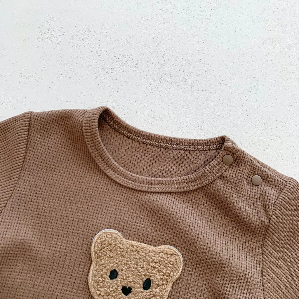 Novedad de verano para niños bebés, niñas y niños, manga corta, gofre, parche de oso, mameluco de algodón para recién nacidos, regalo, gorro con orejas