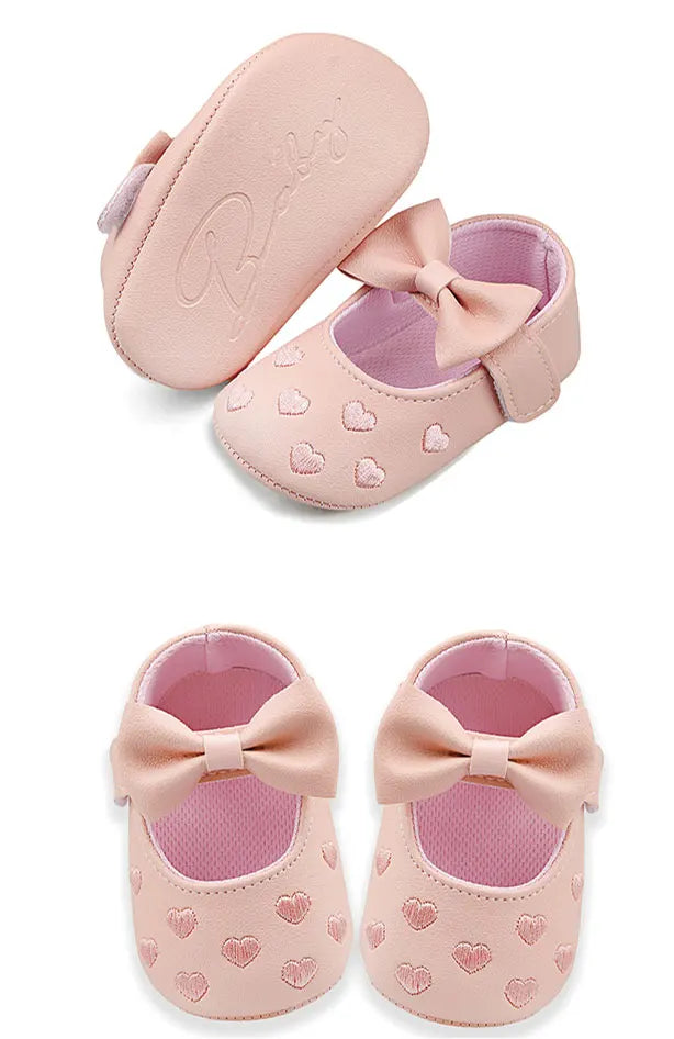 Baby Shoes Classic Dress Cute Bow-knot Heart Anti-slip Soft Sole First Walkers Infant Baby Girls Toddler Shoes 0-18m