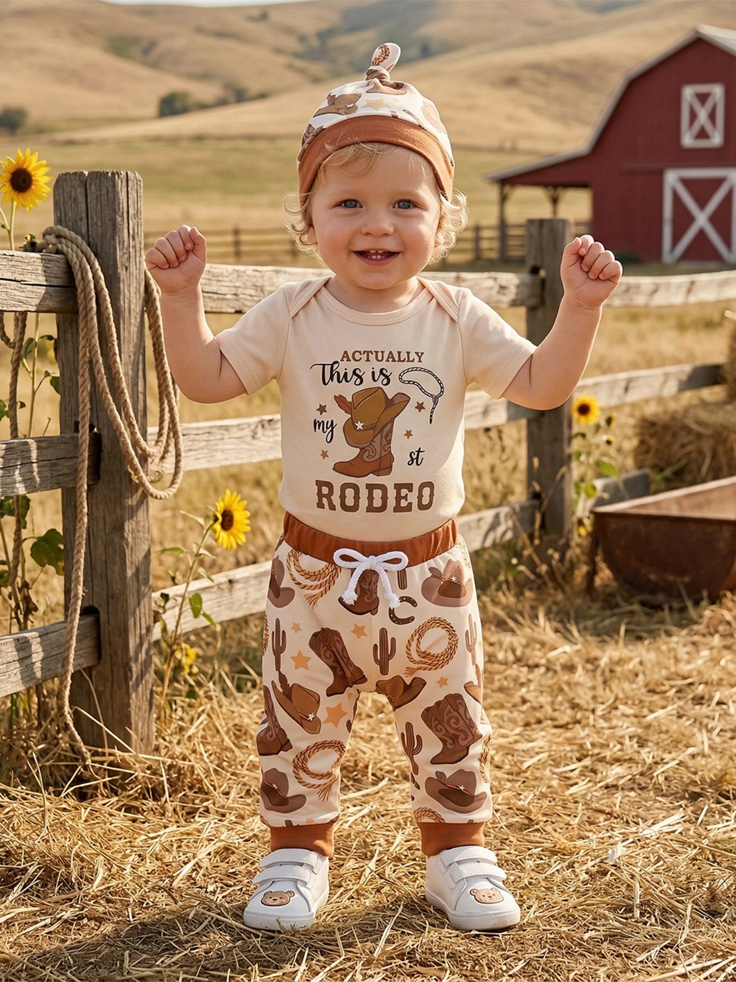 Baby Boy's Western Clothing Sets Fashionable Booties Print Short Sleeve Romper with Pants Hat 3Pcs Outfits