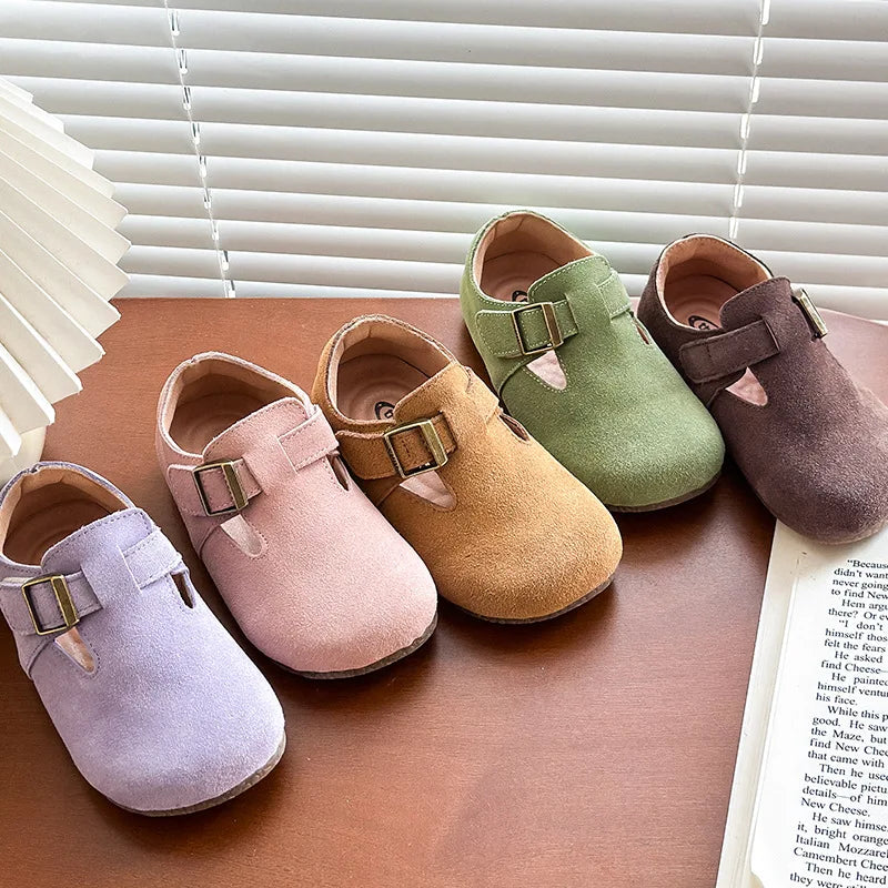 Baby Single Leather Shoes Boys Girls Candy Color Spring Flats Children Metal Buckle Design Genuine Leather Flats For School