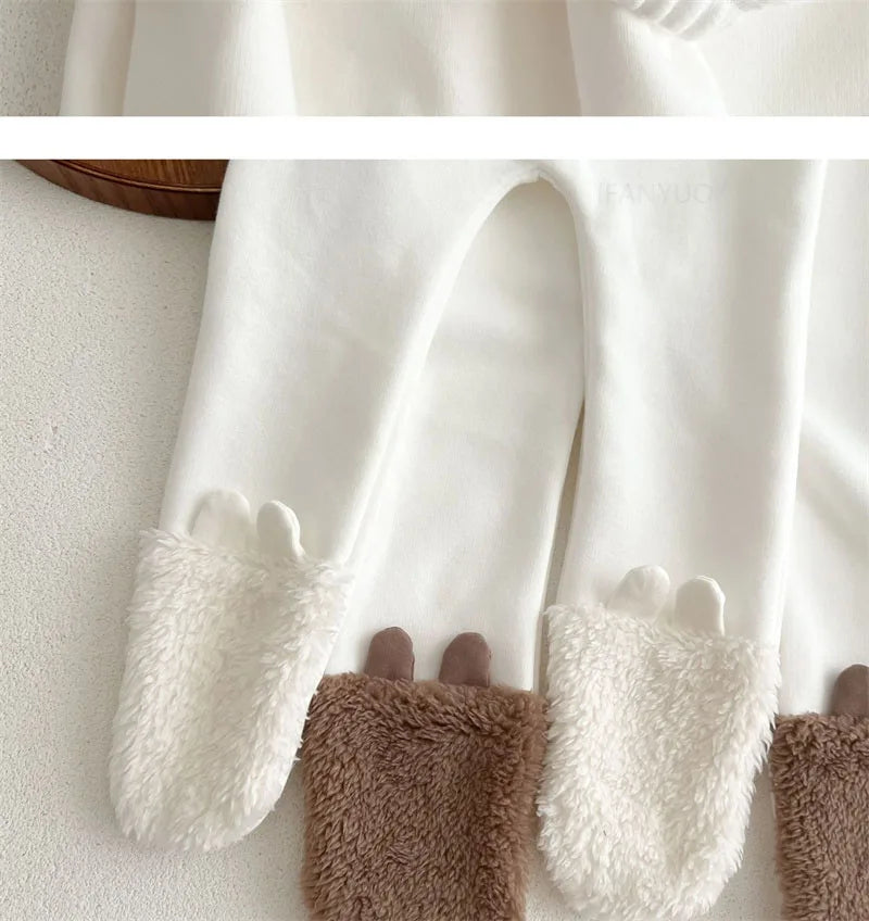 Baby Clothing Autumn Winter Cute Hooded Cartoon Bear Baby Crawling Clothes Pajamas Warm Double-sided Plush Jumpsuit Trousers Set