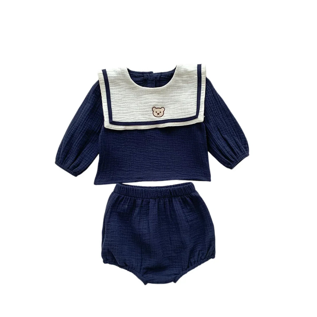 Neu im Herbst Kinder Baby Mädchen Langarm Marineführer Bären Oberteil T-Shirts + einfarbige Shorts Kleinkind Baby Baumwoll-Kleidungsset 2tlg.
