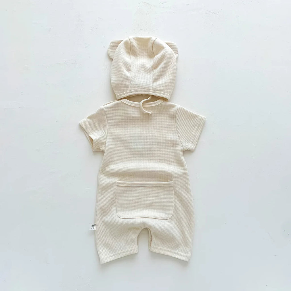 Novedad de verano para niños bebés, niñas y niños, manga corta, gofre, parche de oso, mameluco de algodón para recién nacidos, regalo, gorro con orejas