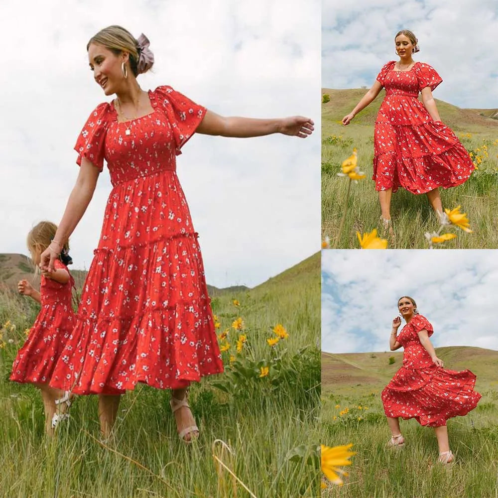 Mother and Daughter Matching Outfits Vestidos Family Matching Dresses Floral Printed Beach Family Look Dress