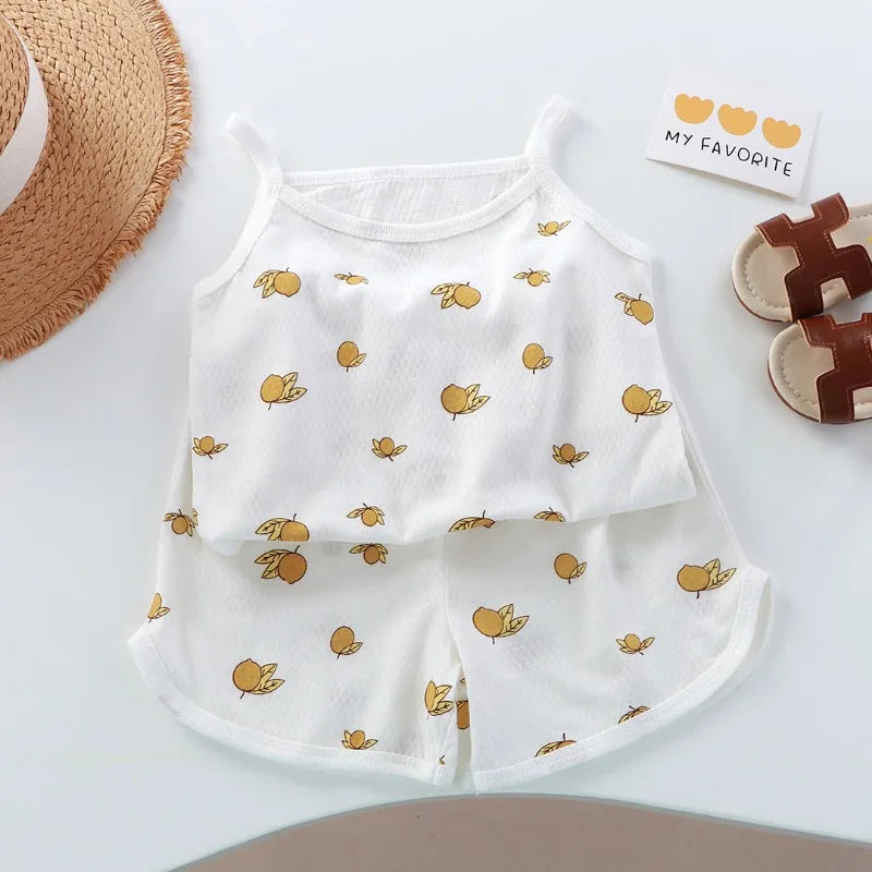 Conjuntos de ropa de verano para niñas, nuevo top sin mangas para bebés, pantalones cortos, traje de 2 piezas, conjunto de ropa con cuello cuadrado para niñas, ropa de algodón para niños