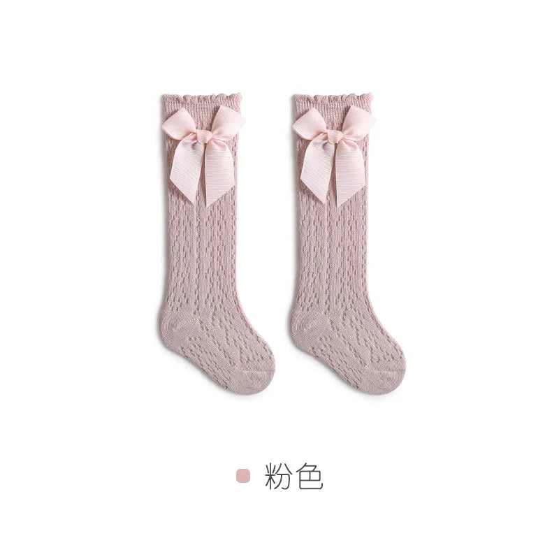 Baby Knee High Socks Kids Girls Boys Bow Long Sock Soft Cotton Mesh Breathable Children Hollow Out Socken for 0-3 Years Old