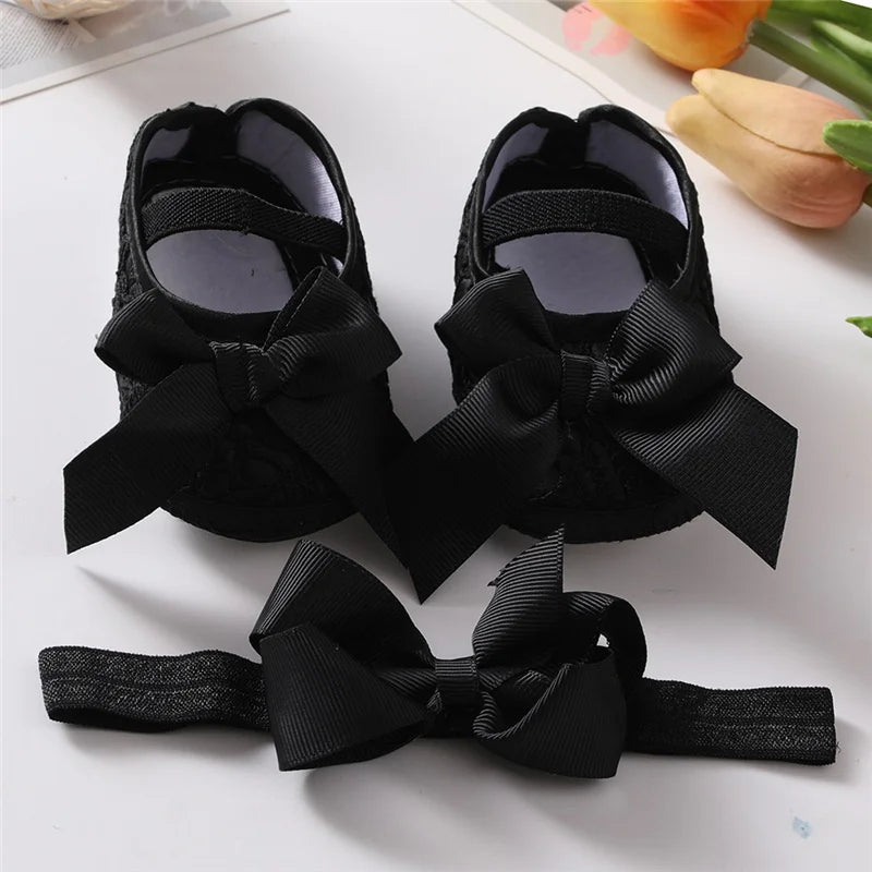 Cute Bowknot Baby Shoes for Spring Autumn First Walker Breathabled Anti-skidding Sandals 0-1 Years Old Solid Lace With Hairband