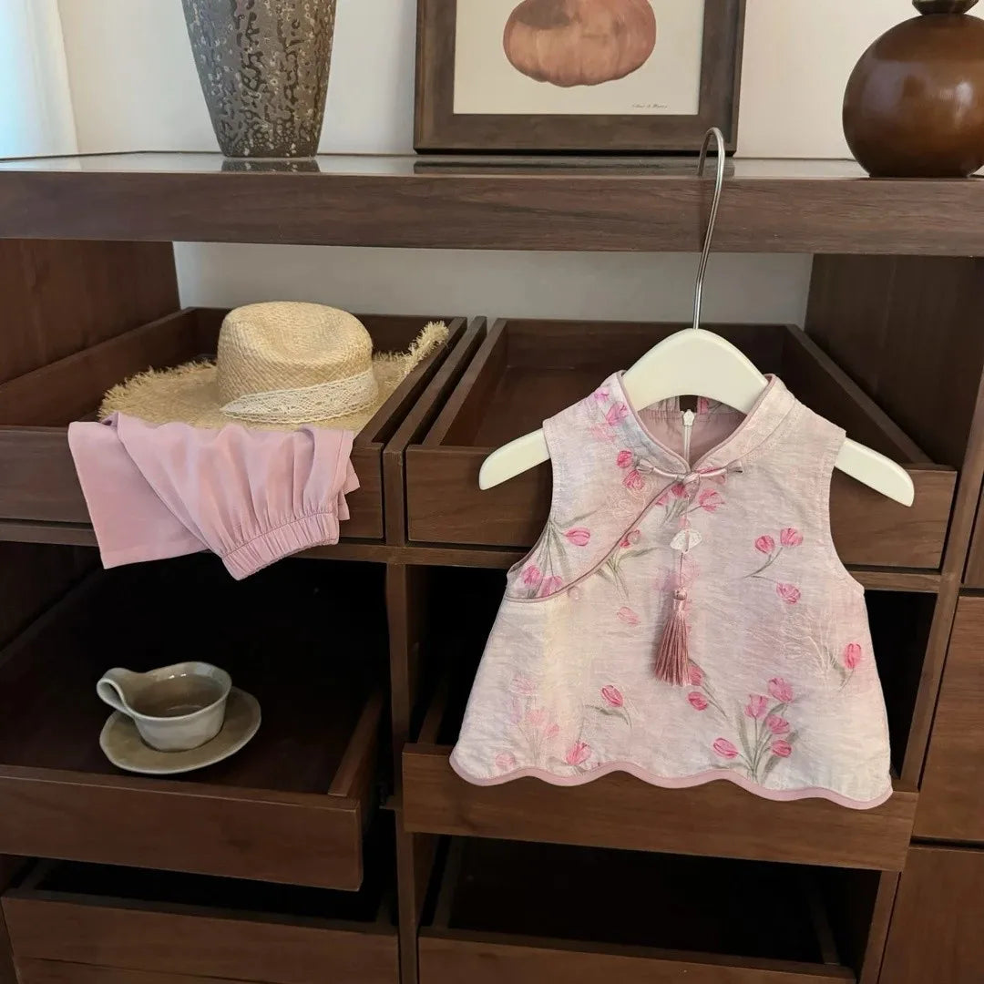 Baby Girl's Clothing  Sets Children New Chinese Style Pink Jacquard Cheongsam Vest+ Straight Leg Pants Grils Elegant Set