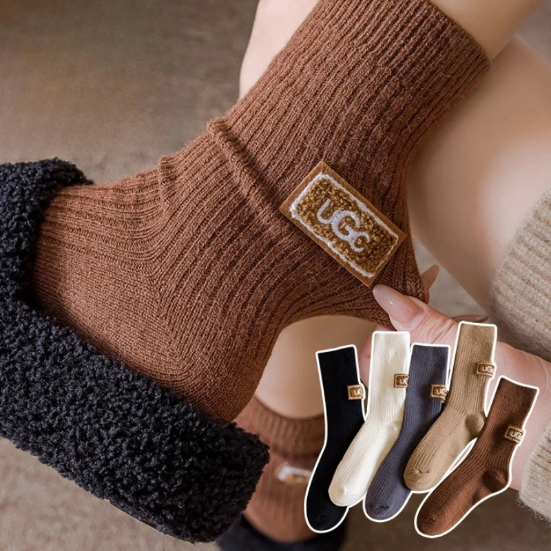 1/3 pares de calcetines de invierno gruesos y cálidos, de color liso, a media pantorrilla, casuales para mujer con logotipo bordado, calcetines de pila para climas fríos