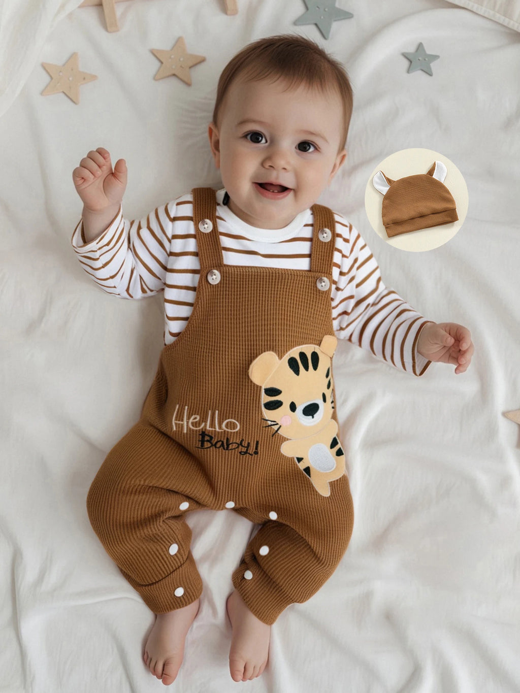 Tregren 0–18 Monate Baby Jungen Bekleidungssets Modischer Langarm gestreifter Strampler mit Tiger bestickter Latzhose und Hut