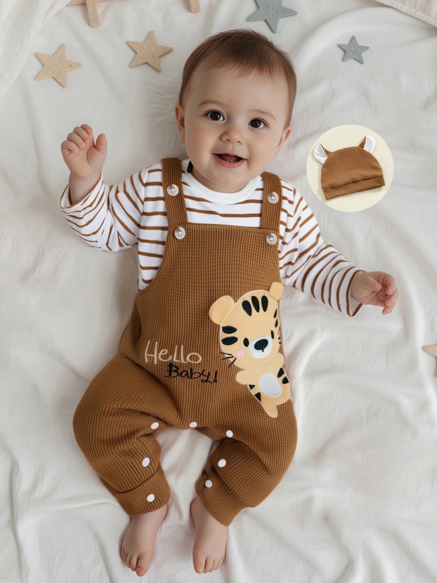 Tregren 0–18 Monate Baby Jungen Bekleidungssets Modischer Langarm gestreifter Strampler mit Tiger bestickter Latzhose und Hut