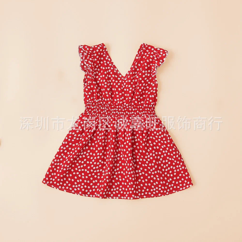 V-Neck Mother Daughter Dresses Family Set Flower Mommy and Me Matching Clothes Fashion Woman Girls Sleeveless Dress Outfits 2025
