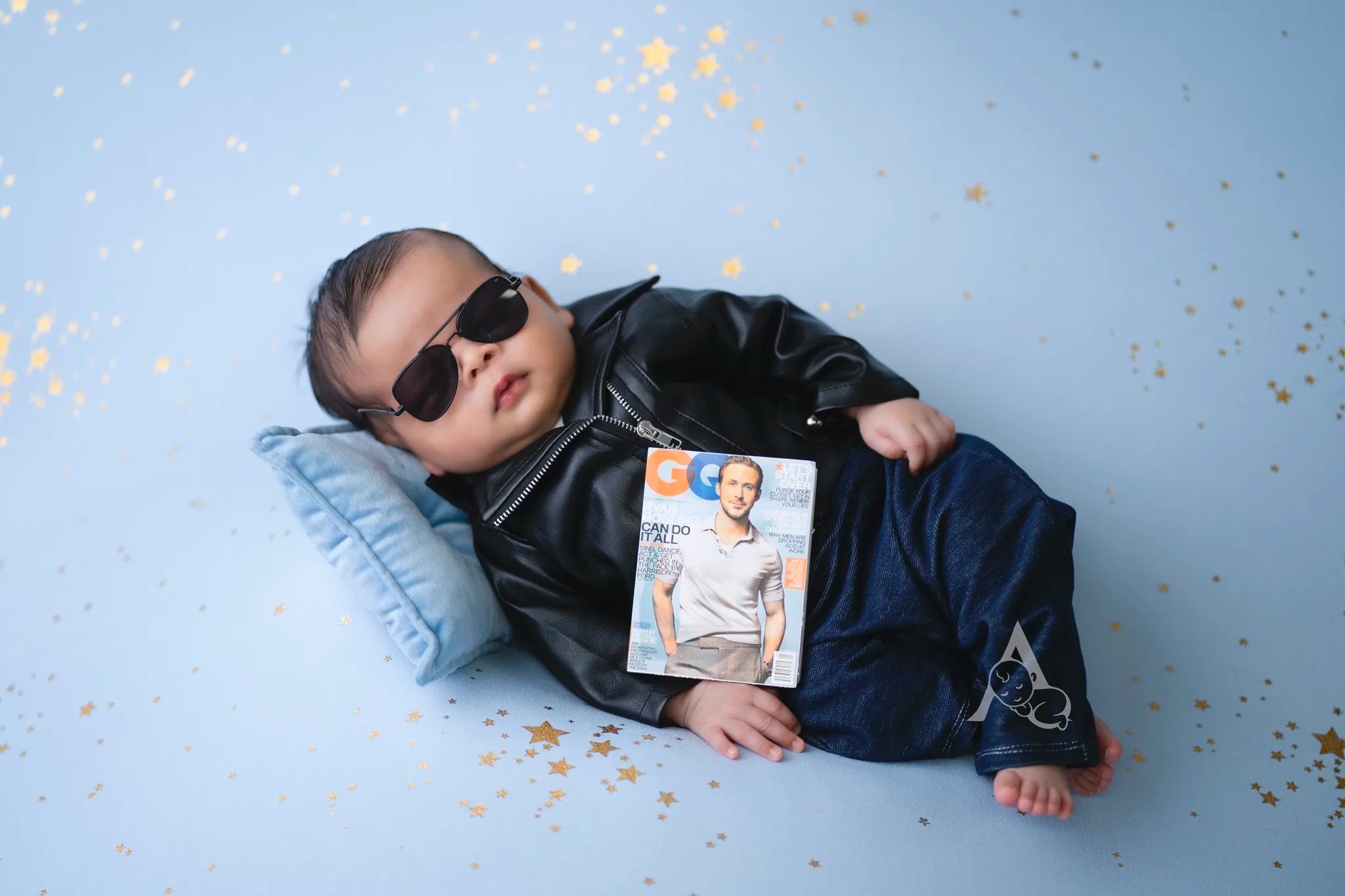 Newborn Photography Clothes for Baby Boy Cool Leather Jacket Clothing Musician Guirar Set Props for Studio Photoshoot Props