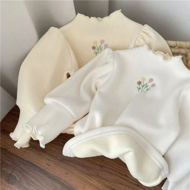 Kleinkind Mädchen Pullover Winter Kinder Warme Verdickte Pullover Kinder Puffärmel Blumenstickerei Unterhemd 1-6 Jahre Freizeitkleidung